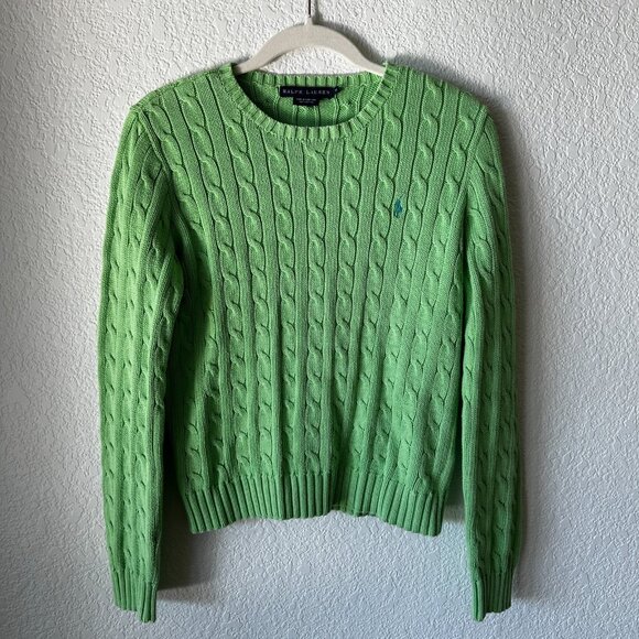 Vintage Ralph Lauren Sweater Womens Size M Green Cable Knit 100% Cotton Pullover - Picture 2 of 8
